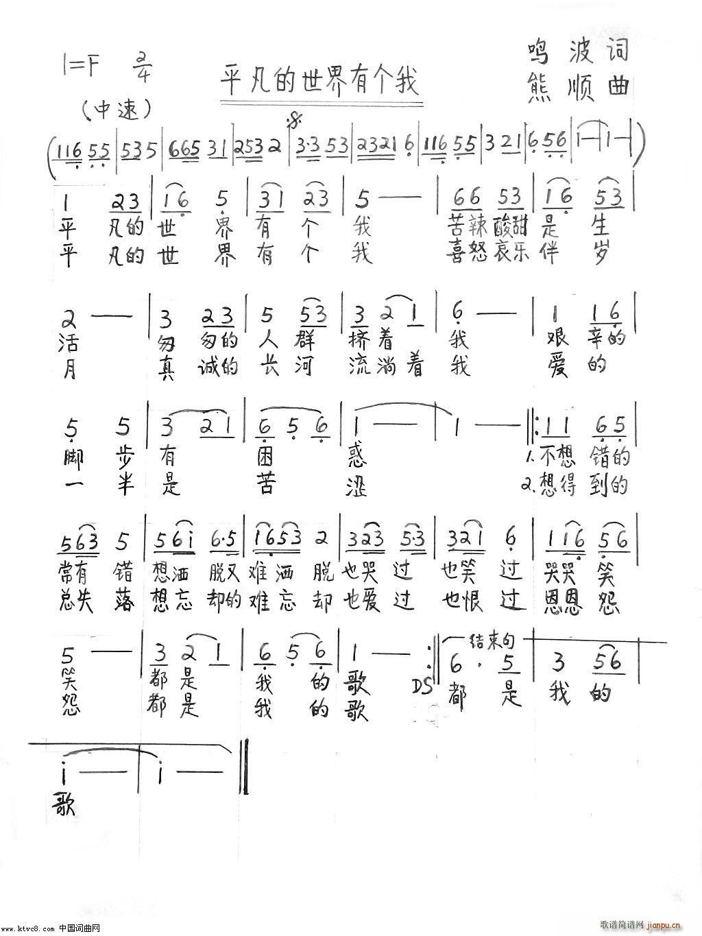 未知 《平凡的世界有个我》简谱