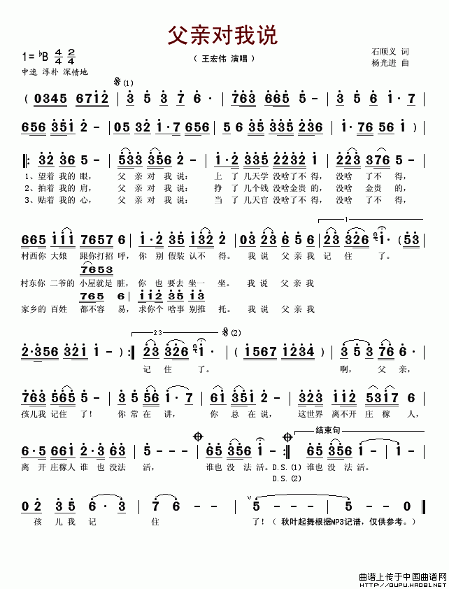 未知 《父亲对我说（石顺义词 杨光进曲）》简谱