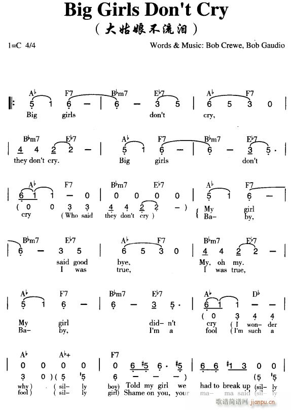 未知 《大姑娘不流泪》简谱