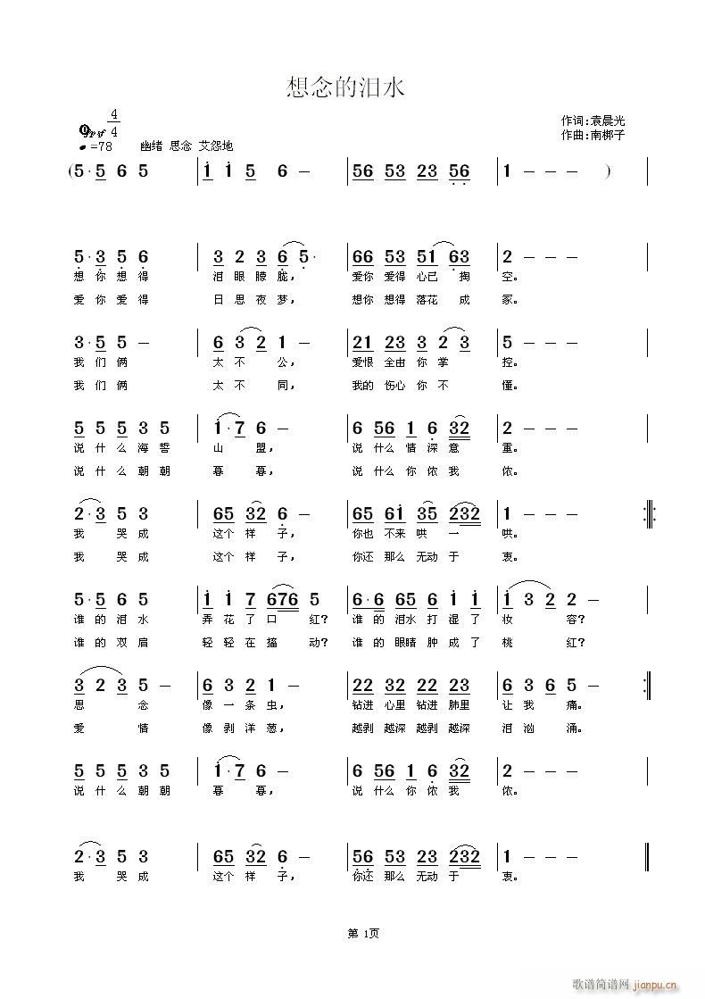 南梆子 袁晨光 《想念的泪水》简谱