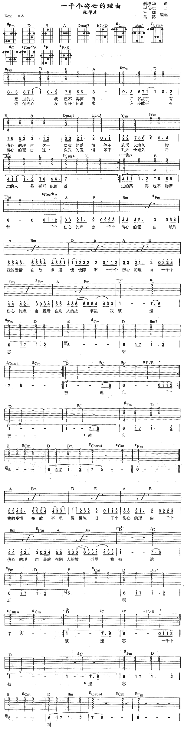 未知 《一千个伤心的理由》简谱