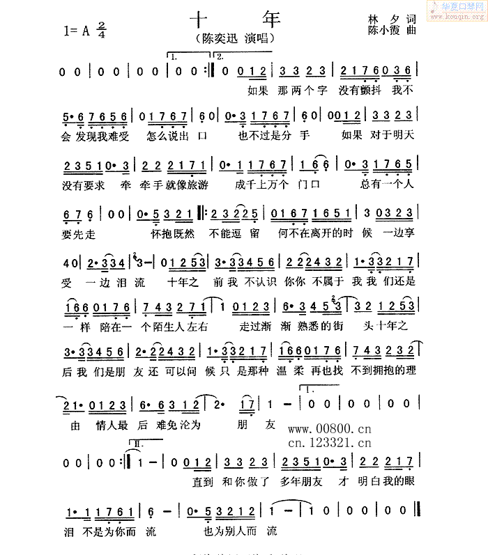 陈奕迅 《十年》简谱