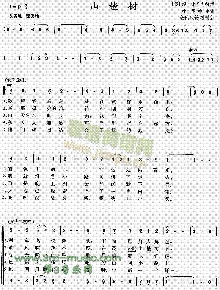 未知 《山楂树[合唱曲谱]》简谱