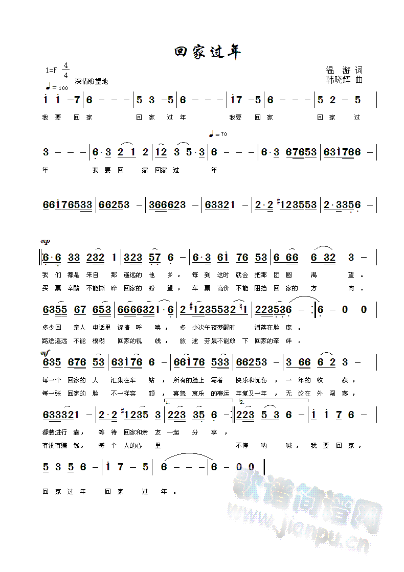韩晓辉   为一年一度的春运所写的歌曲 《回家过年》简谱