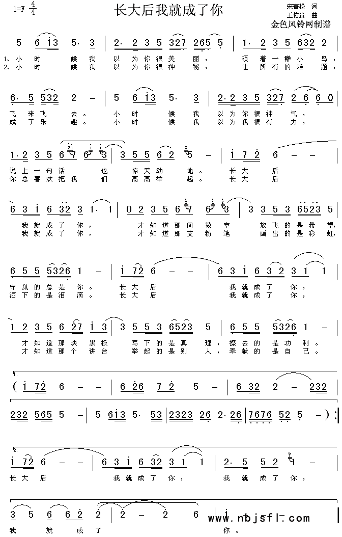 未知 《长大后我就成了你》简谱