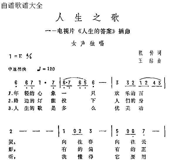 未知 《人生之歌》简谱