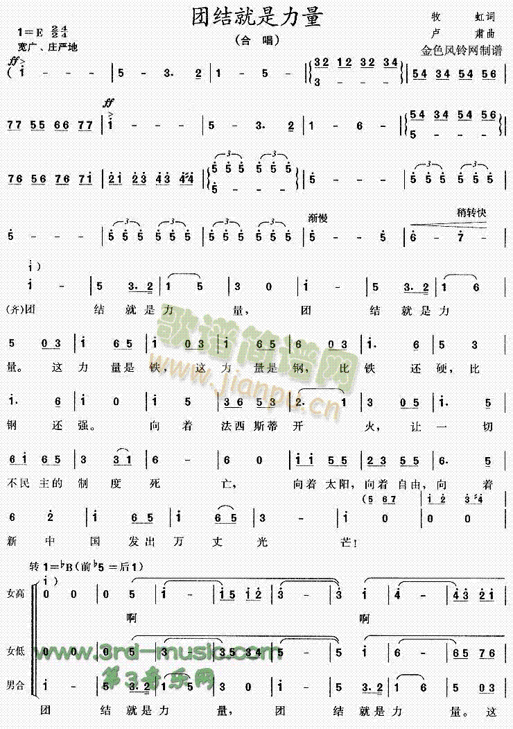 未知 《团结就是力量[合唱曲谱]》简谱