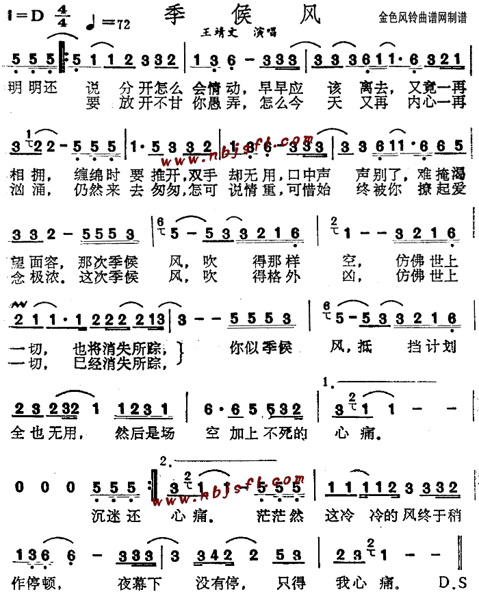 王靖文王菲 《季候风(粤语)》简谱