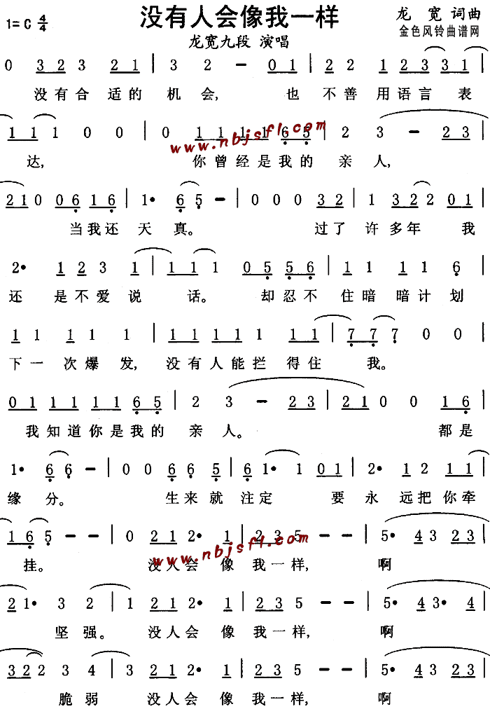 龙宽九段 《没有人会像我一样》简谱