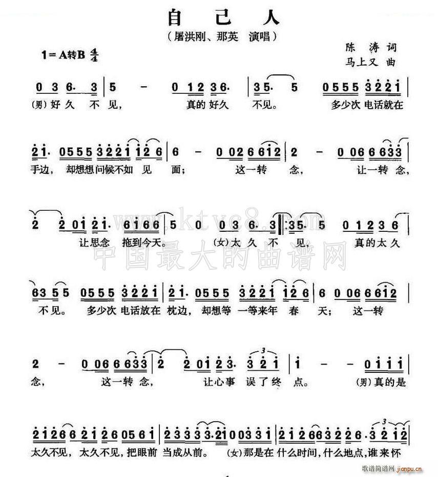屠洪纲那英   马上又 陈涛 《自己人》简谱