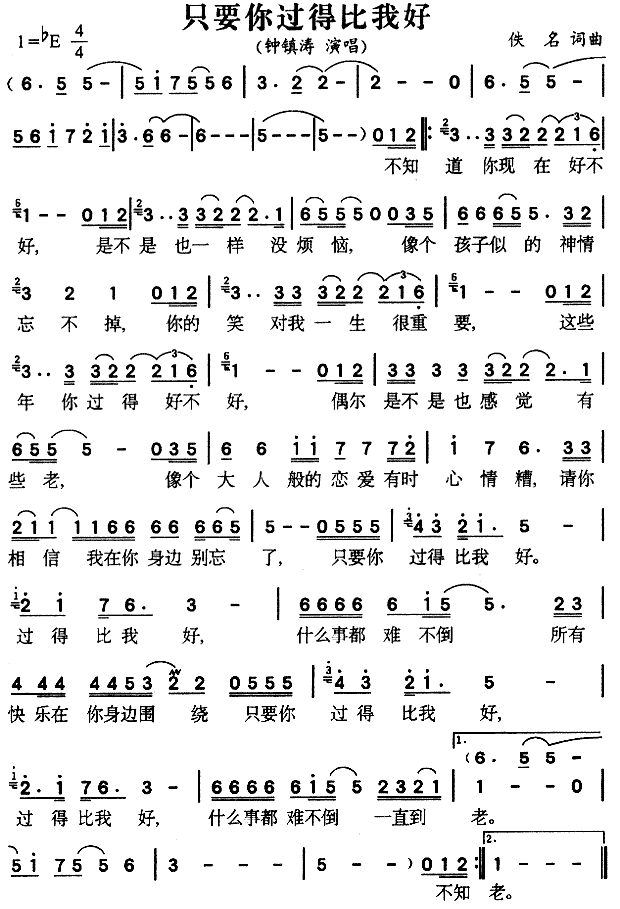 钟镇涛 《只要你过得比我好》简谱