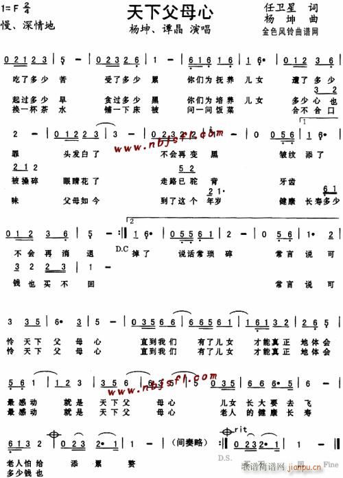 未知 《天下父母心--杨坤、谭晶》简谱