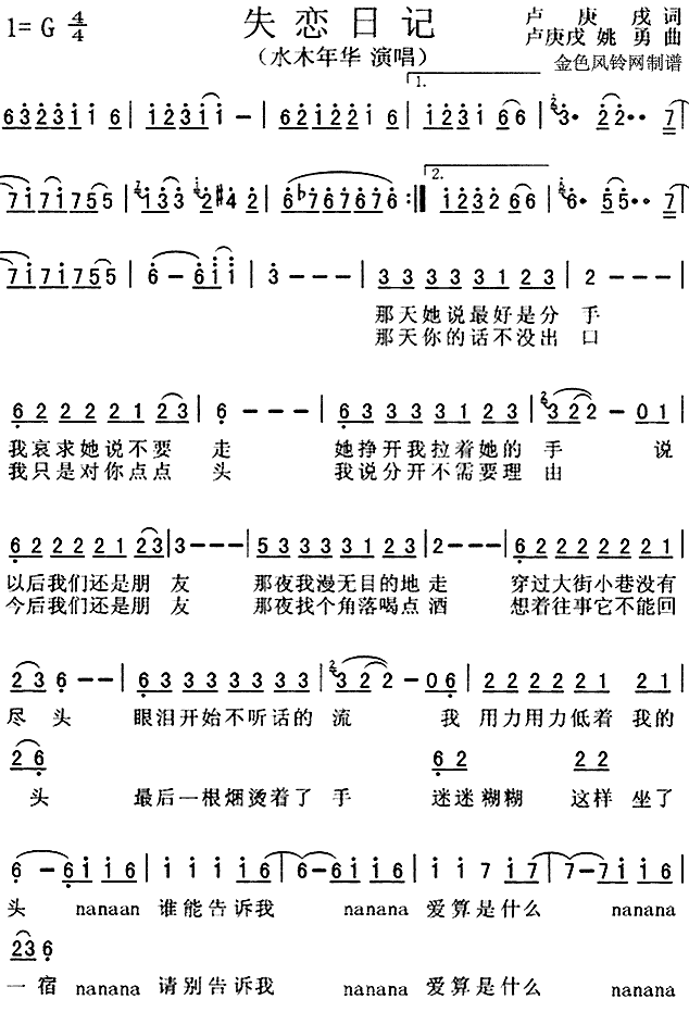 未知 《失恋日记》简谱