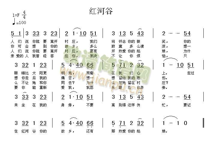 未知 《红河谷（高清晰图）》简谱