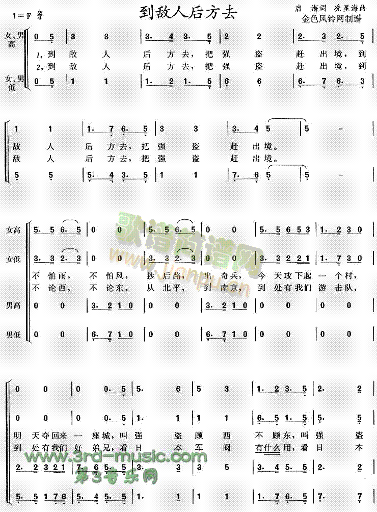 未知 《到敌人后方去[合唱曲谱]》简谱