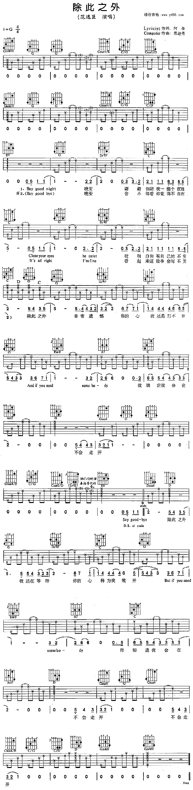 未知 《除此之外》简谱