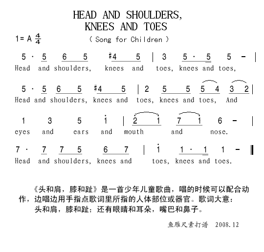 未知 《HEAD AND SHOULDERS,KNEES AND TOES》简谱