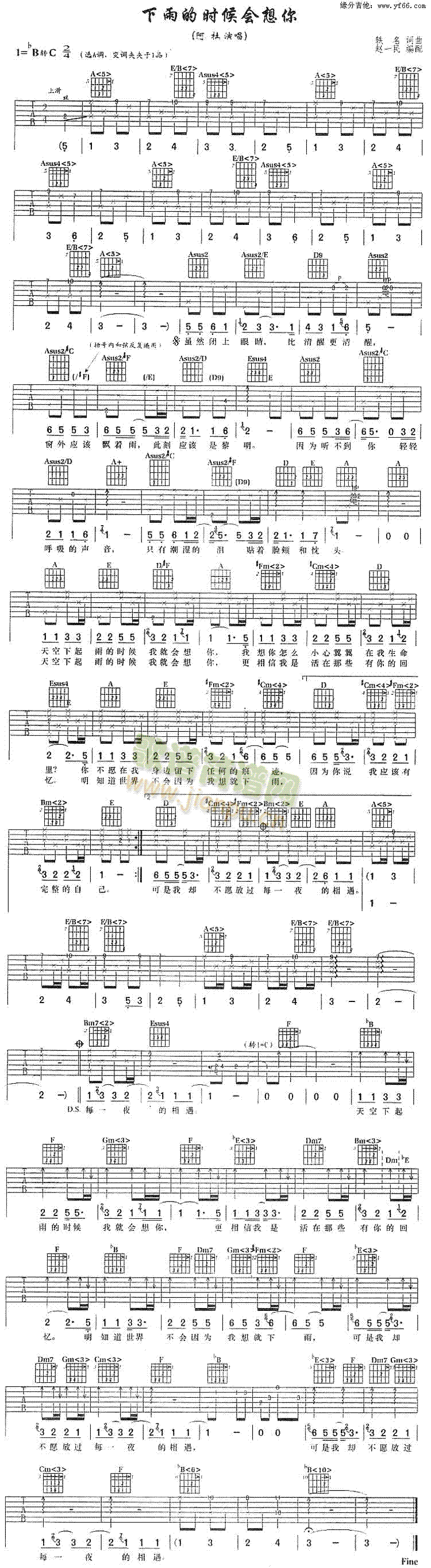 未知 《下雨的时候会想你》简谱