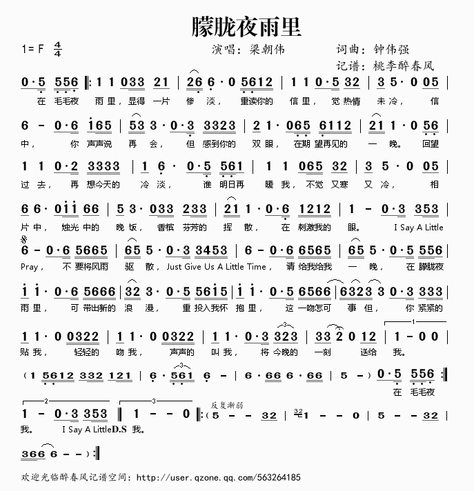 梁朝伟 《朦胧夜雨里》简谱