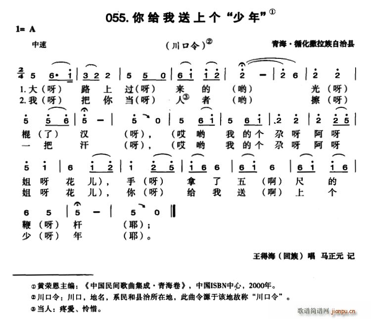 未知 《你给我送上个 少年》简谱