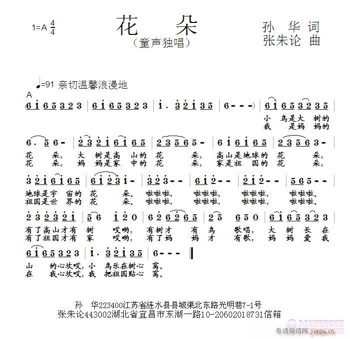 张朱论 孙华 《花朵  孙华 词  张朱论 曲》简谱