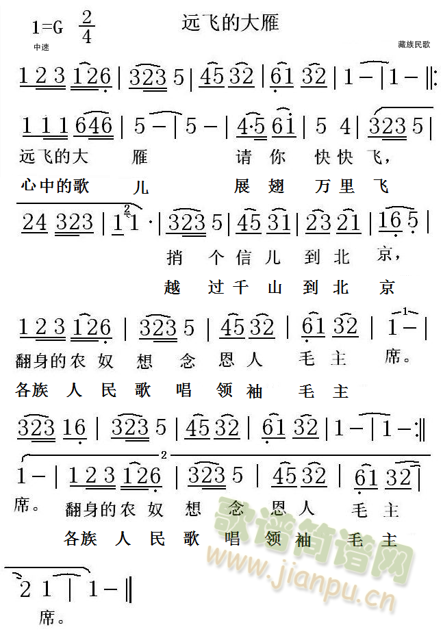 网络歌手 《远飞的大雁》简谱