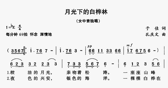 未知 《月光下的白桦林》简谱