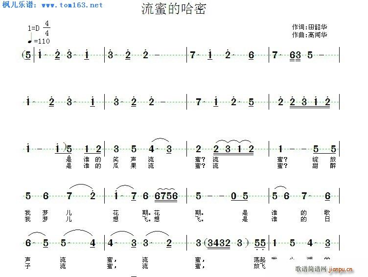 未知 《流蜜的哈密》简谱