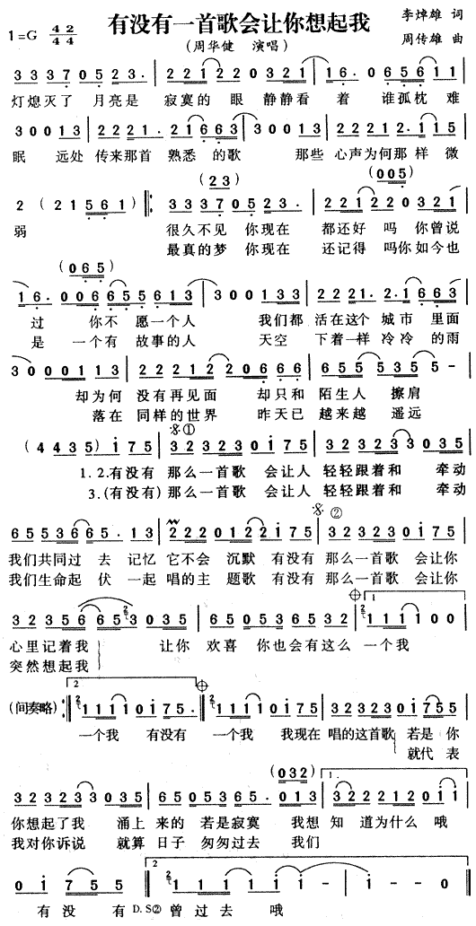 周华健 《有没有一首歌会让你想起我》简谱