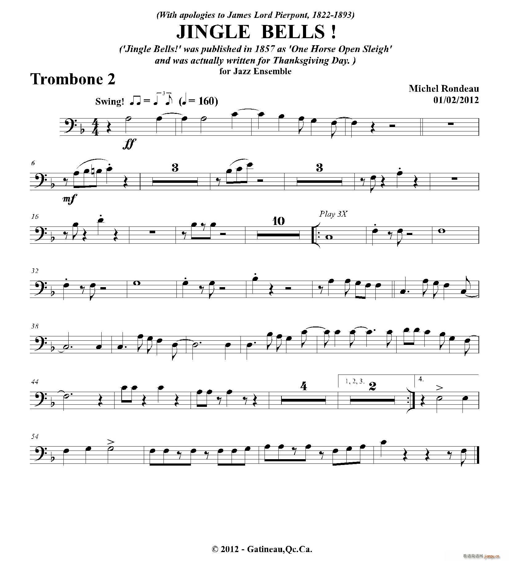 爵士管乐团 《JINGLE BELLS （第二长号分谱）》简谱