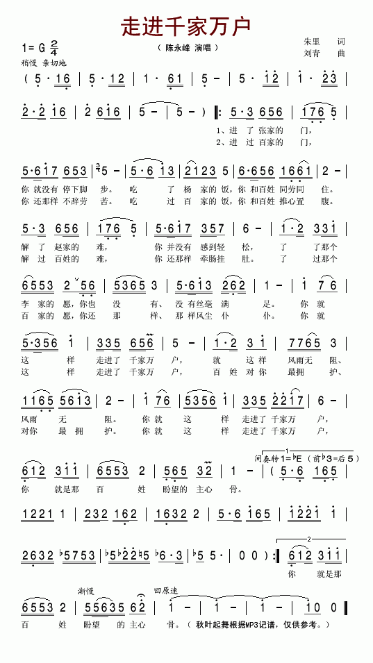 陈永峰 《走进千家万户》简谱