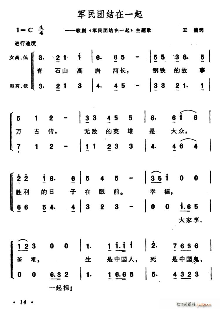 王楠 《军民团结在一起》简谱