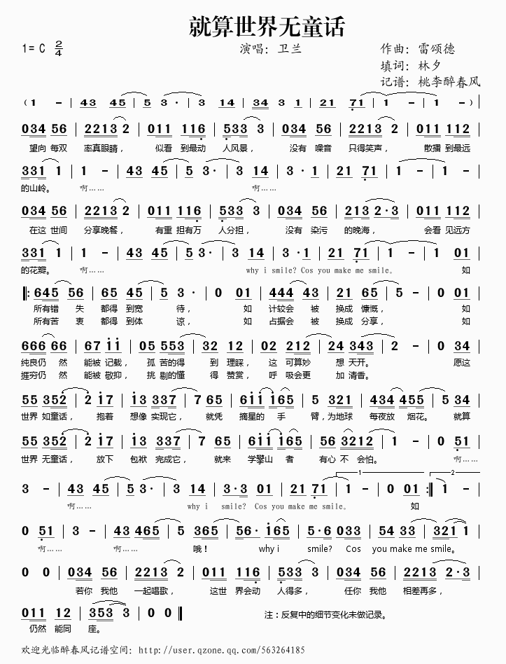 卫兰 《就算世界无童话》简谱