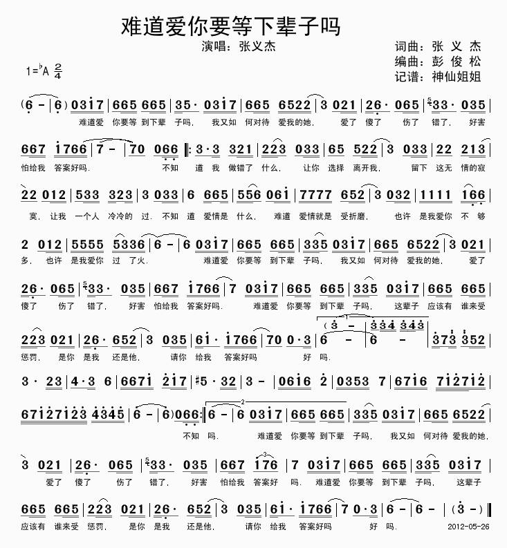 张义杰 《难道爱你要等下辈子吗》简谱