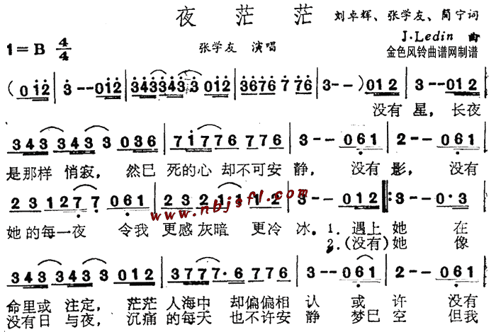 未知 《夜茫茫(粤语)》简谱