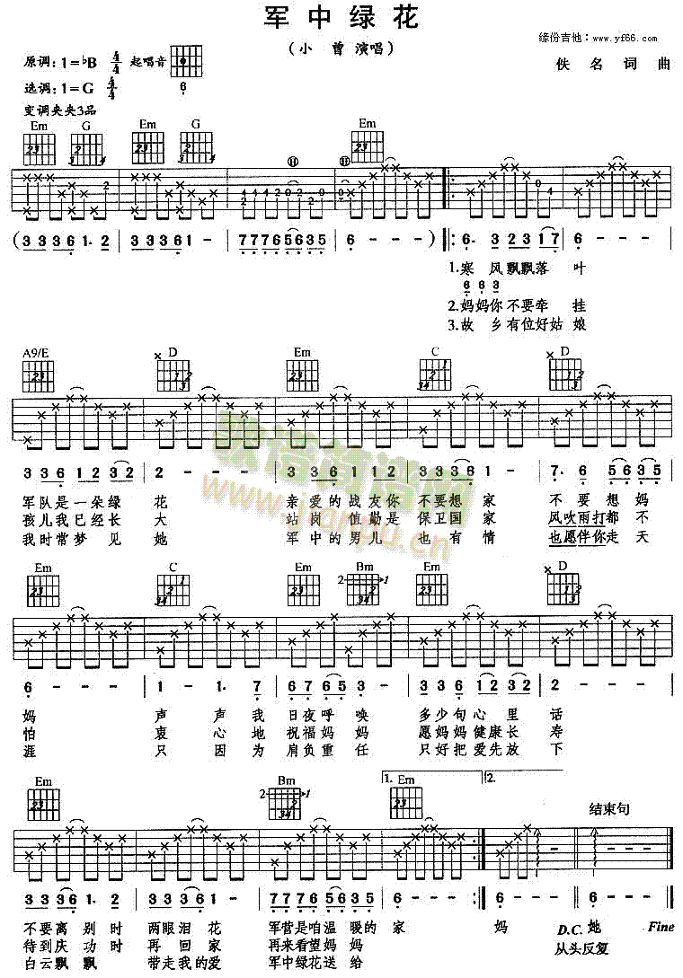 未知 《军中绿花》简谱