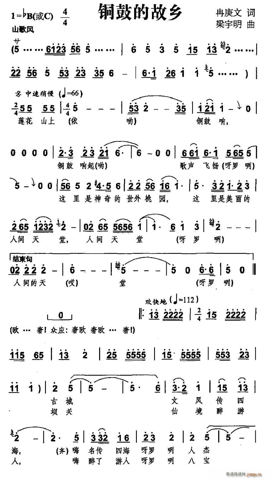 冉耿文 《铜鼓的故乡》简谱