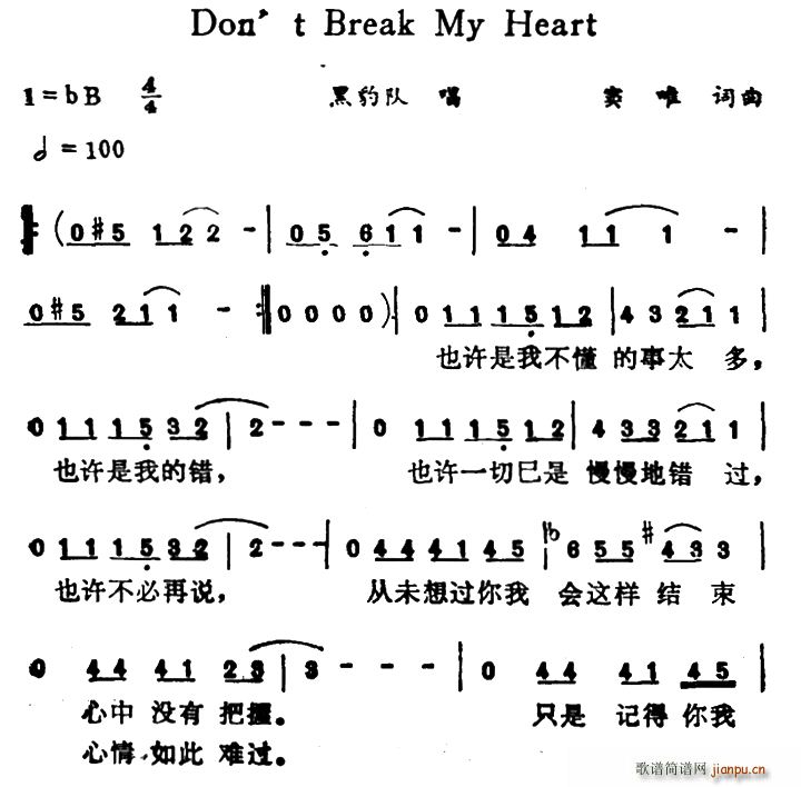 黑豹乐队   窦唯 《Don t Break My Heart》简谱