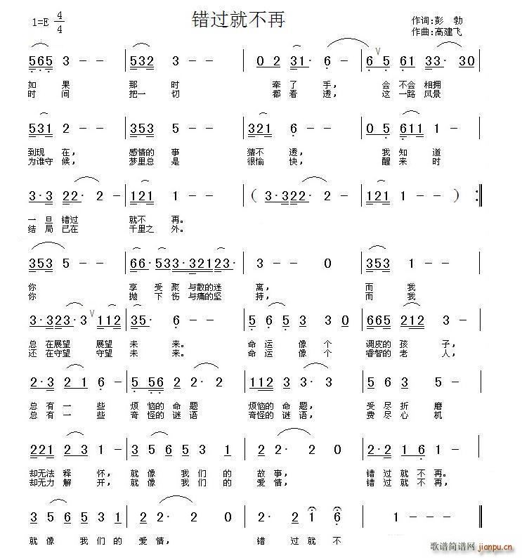 国巍   彭勃 《错过就不再》简谱