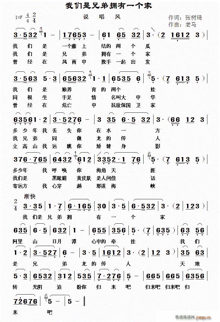 张树琦 《我们是兄弟拥有一个家》简谱