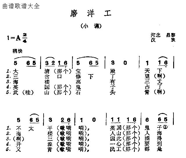 未知 《磨洋工》简谱