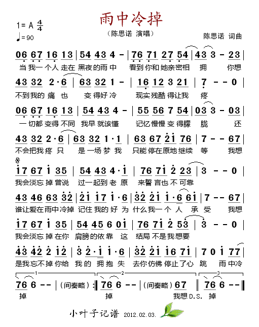 陈思诺 《雨中冷掉》简谱