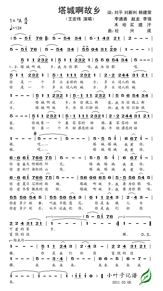 王宏伟 《塔城啊故乡》简谱