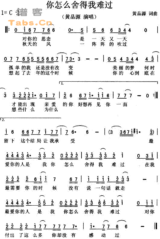 黄品源 《你怎么舍得我难过》简谱