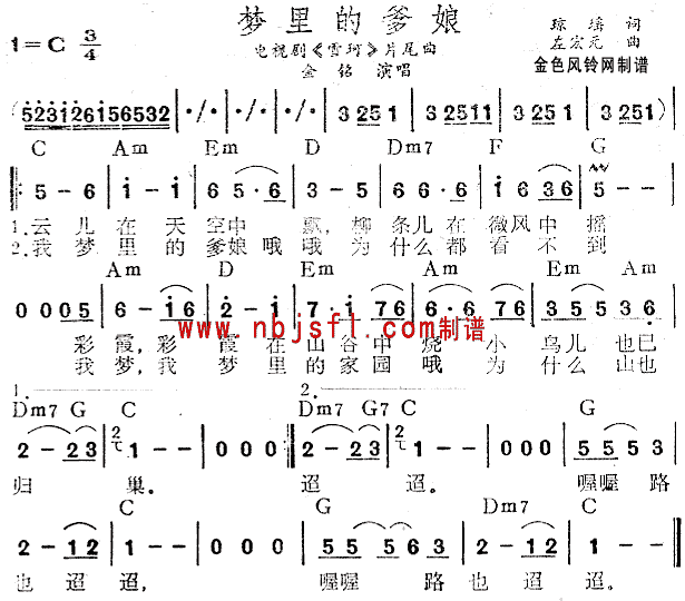 梦里的爹娘( 《雪珂》简谱