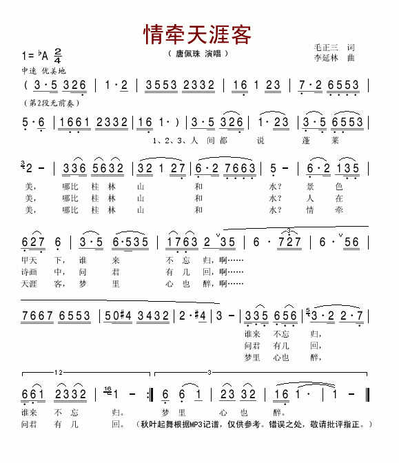 唐佩珠 《情牵天涯客》简谱