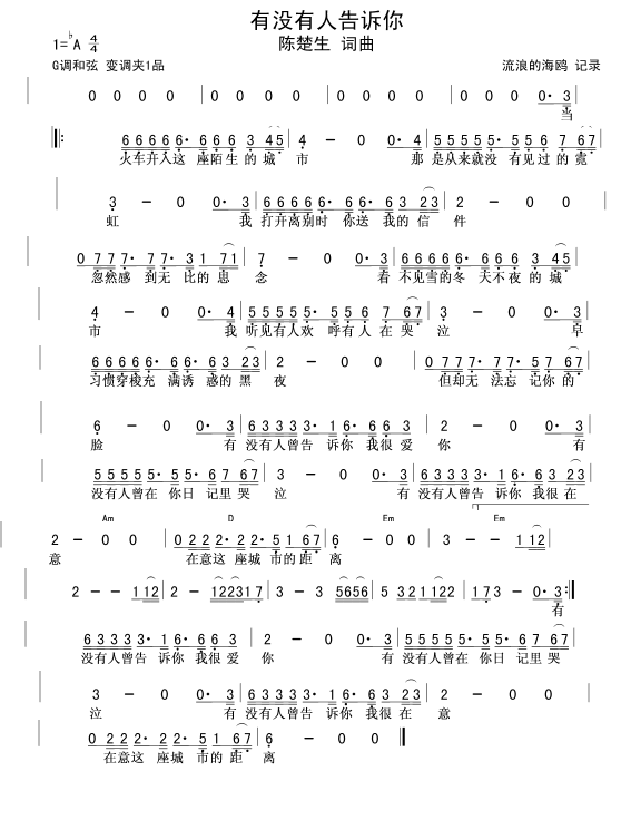 未知 《有没有人告诉你》简谱