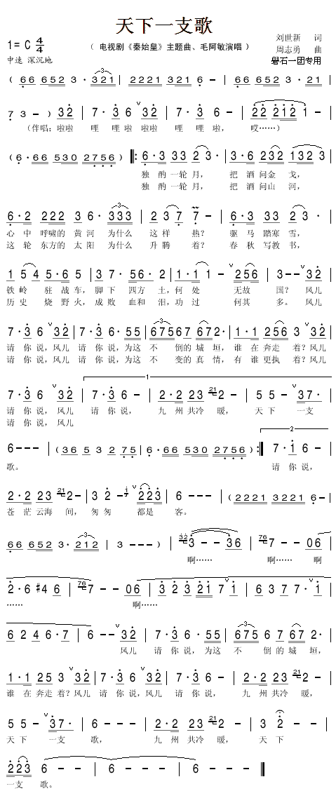 毛阿敏 《天下一支歌》简谱