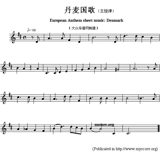 未知 《欧洲各国国歌曲谱：丹麦（European Anthem sheet music:Denmark）》简谱