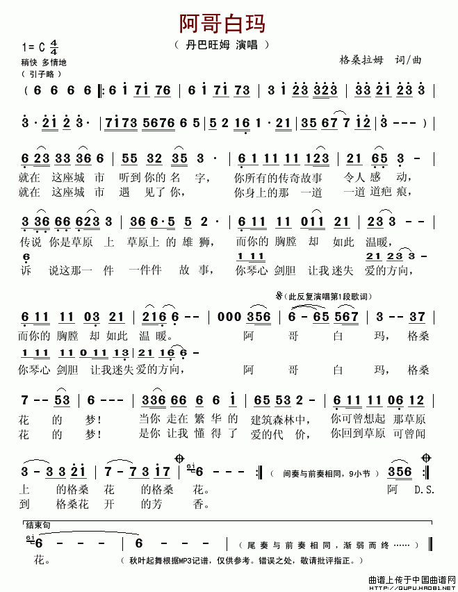 未知 《阿哥白玛》简谱